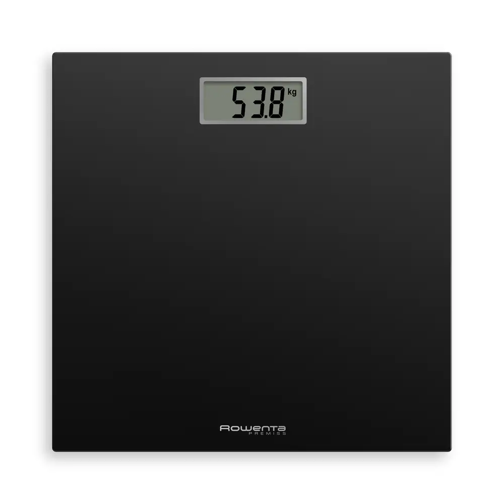 Báscula digital Premiss Negra de color negro sobre suelo de baño moderno con diseño minimalista